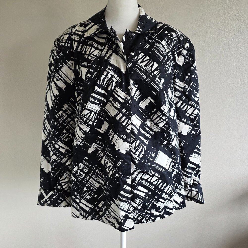 Coldwater Creek Jacket Black White Abstract Lined Snap Fasten Long Sleeve Sz 16